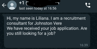 Johnston Vere Scam Recruitment Text